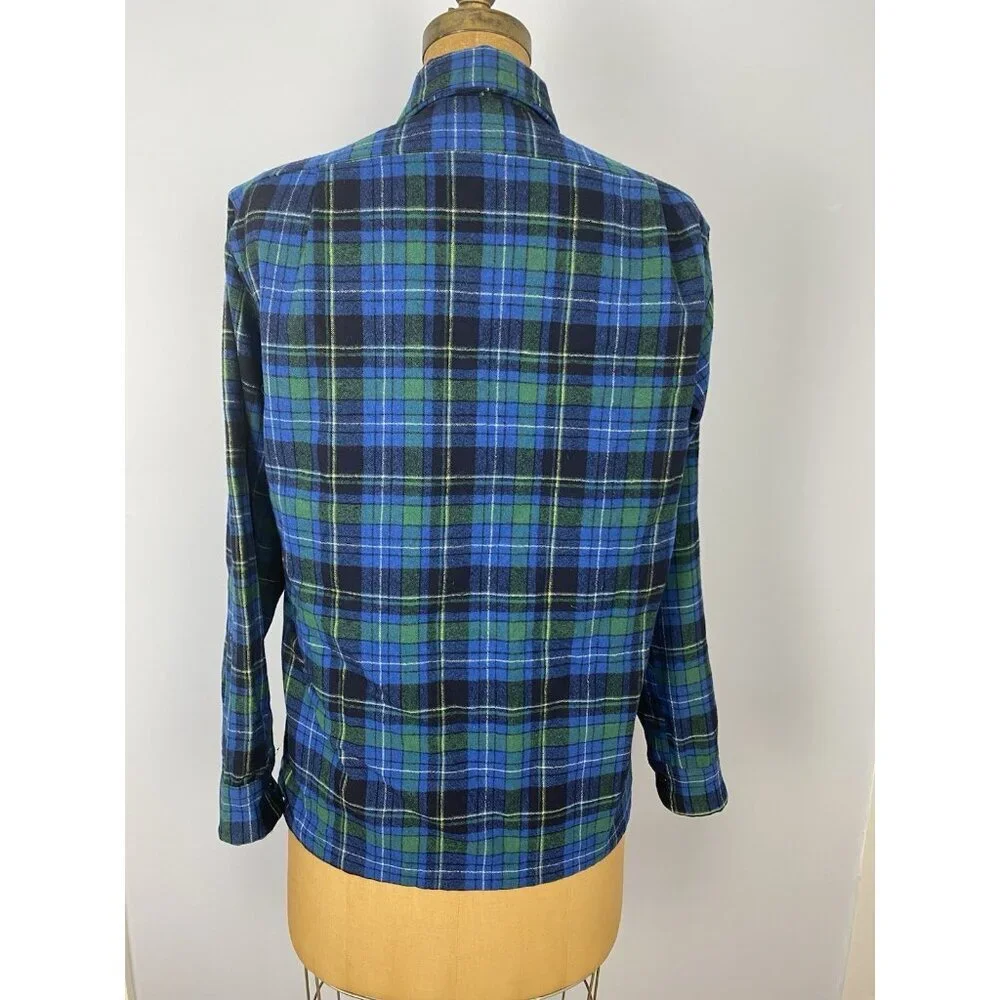 Vintage Pendleton Board Shirt Medium Blue Plaid Wool, Loop Collar, Flap Pocket